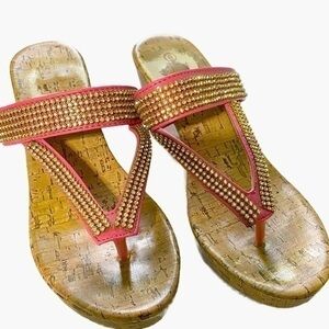 Ashley‎ Blue Pink Sequined Flip Flop Strap Wedges